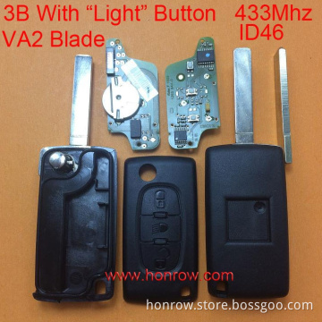 Good price and New Original Peugeot FSK 3 button flip remote key with VA2 307 blade (With Light button) 433Mhz ID46 Chip